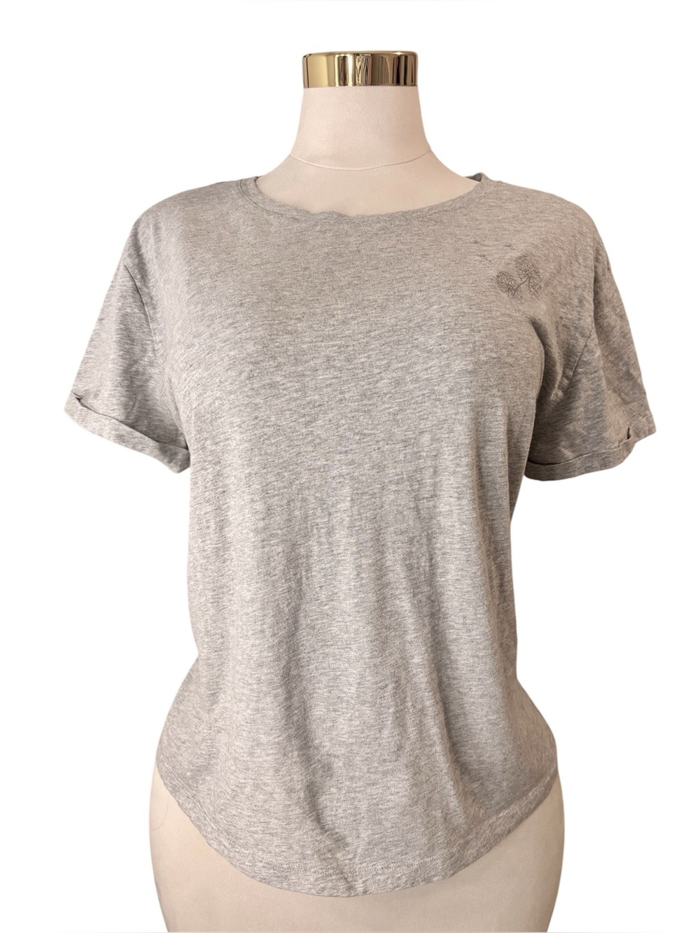 ELLE Heather Grey Dandelion Embroidered T-Shirt XL 100% Cotton Rolled Cuff Top